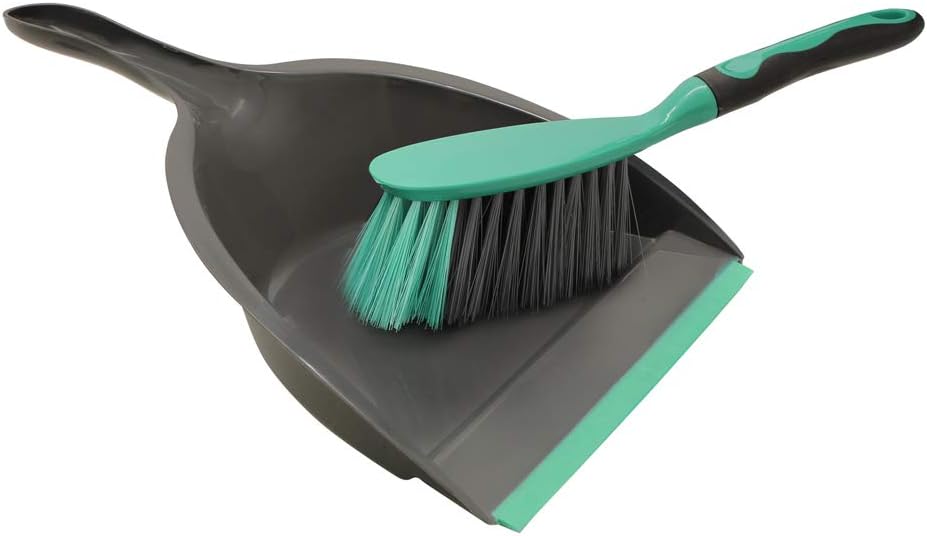 DUST PAN + BRUSH RUBBER GRIP  GREY/TURQ
